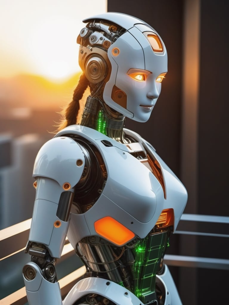 (masterpiece), ((hyper realistic)), ((extreme highly detailed)), ((in focus)), solo, ((imagine futuristic humanoid robot in highly intricated  resembling female body highly detailed)),  ((face made of steel perfect)),(the body is made of intrincated highly detailed mix of different tarnished metallic mechanical parts and oxidized discolored parts and green glowing electronic parts, white and orange colors accentuations graphiscs)),  super realism,  photo real, expert cinematic dramatic lighting, ( fancy posing  in futuristic dawn sun balcony rim light:1.5), half body dynamic pose shot view:1.1,mecha dieselpunk