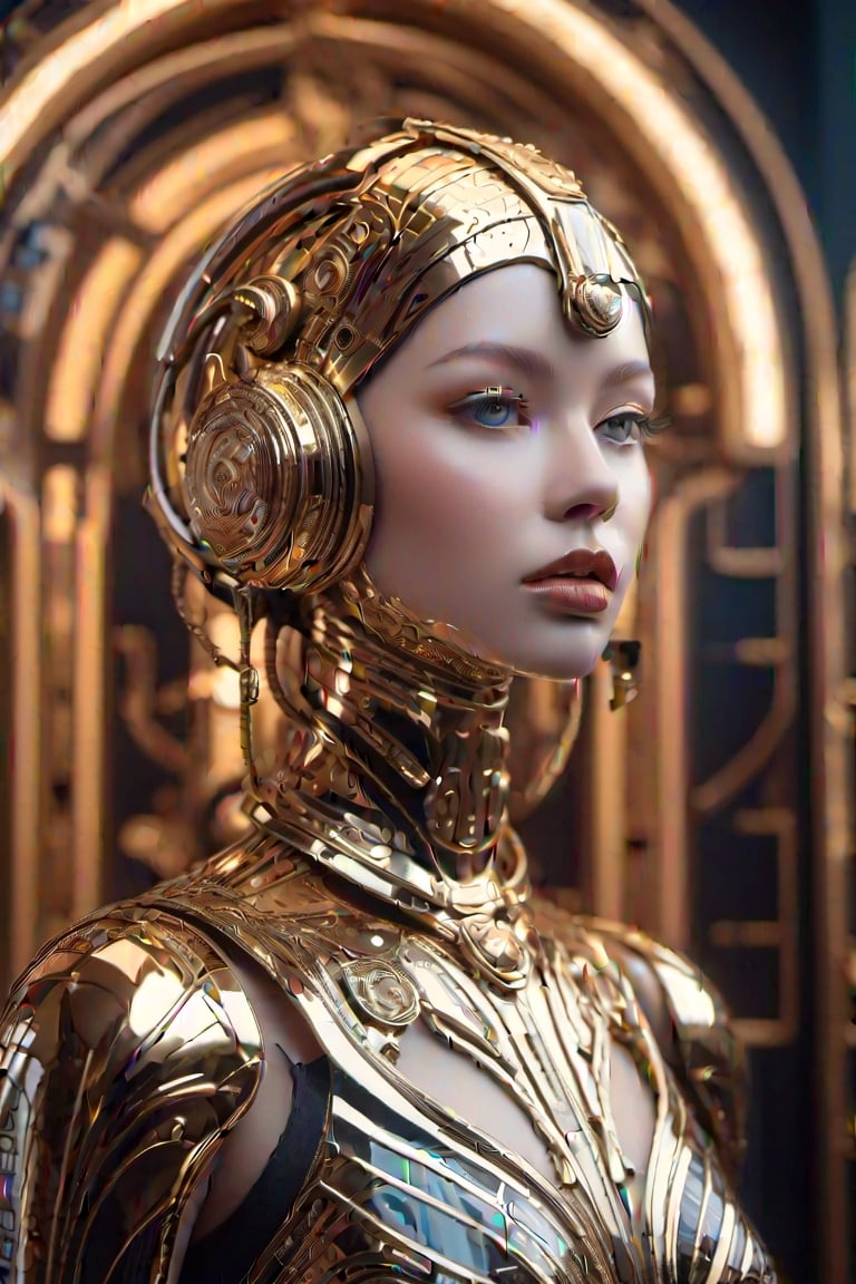 (masterpiece),(ultra realistic), (Highly detailed), (Full body photo:1.2), (Create a full body photo realistic of an biomechanical retro styled robot girl with all front face made of very transluscent porcelain with intricate mecahnical golden pieces on the face, many lines of gold decorate in art deco style her face and body:1.5), ((perfect body:1.5)), (sub surface scatering light:1.2) on background a big hall of a retro futuristic buiding in art deco style of 30's, noir sci fi movie, retro futurism, many gold, polished chrome, gem stone black opal, glass and luxurious, (full body shot:1.5), cinematic illumination