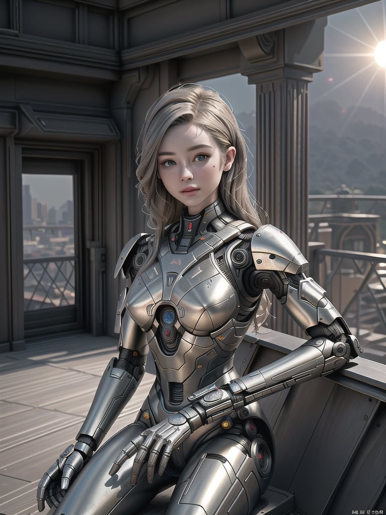 (masterpiece), ((hyper realistic)), ((extreme highly detailed)), ((in focus)), solo, ((imagine futuristic humanoid robot in highly intricated as A_Lang_&_Son build it  resembling female body highly detailed)), (morph, human, robot:0.1), ((her face made of steel perfect)),( her body is made of intrincated highly detailed mix of  widely of different tarnished metallic mechanical parts and brushed aluminium parts and high polished mirror metal parts)),  super realism,  photo real, expert cinematic dramatic lighting, ( posing  in futuristic dawn sun balcony rim light:1.5), half body seated shot view:1.1,mecha