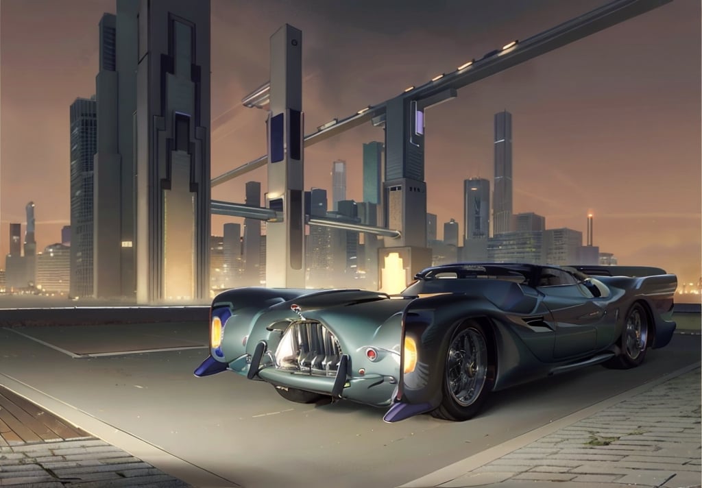 car, retro futuristic styled hyper car,  art deco megalopolis at illuminated night, highly detailed futuristic in retro visual