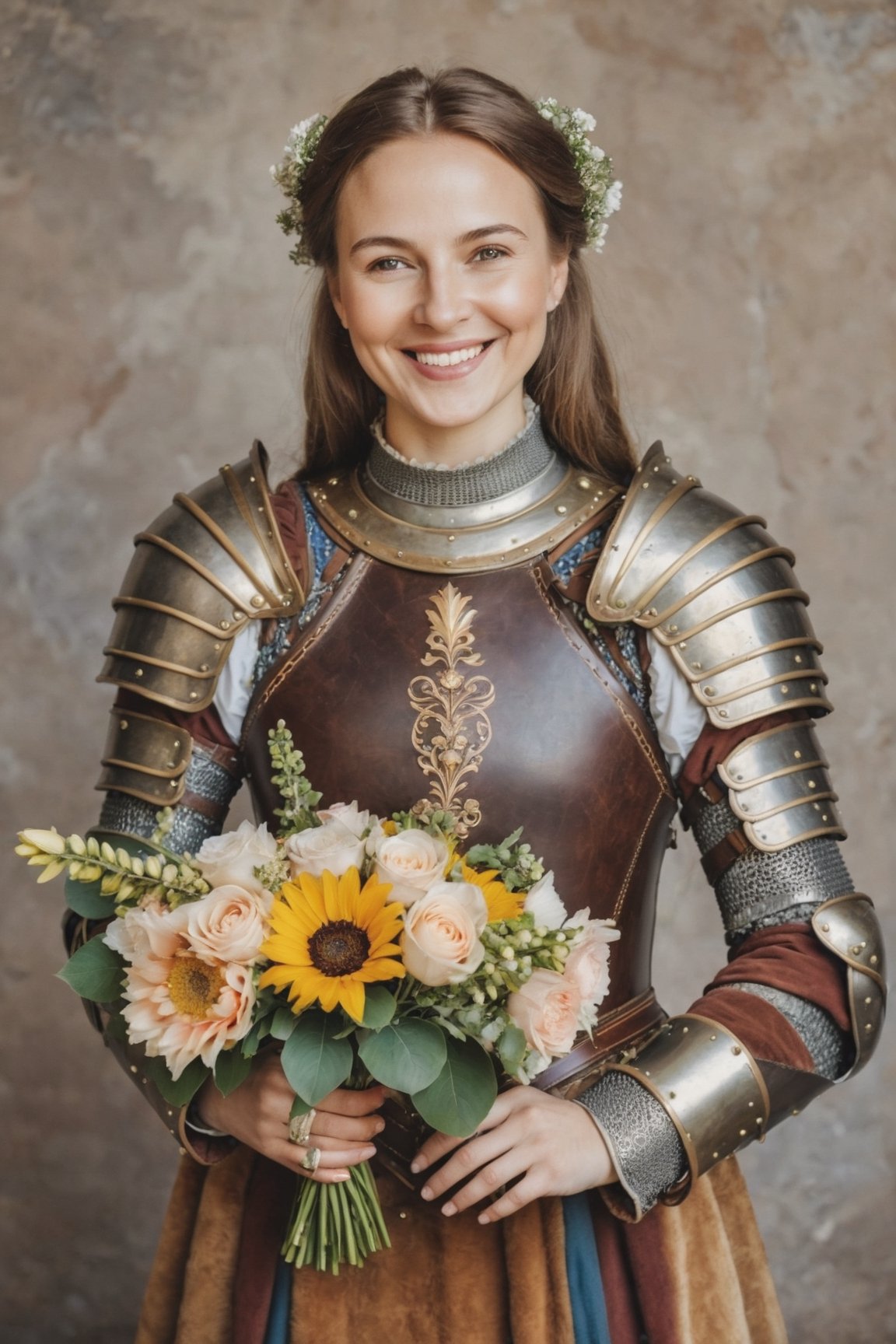  
joyful noble medieval noblewoman in rich leather full armor with a bouquet of luxurious flowers in her hands. Rejoices and smiles 