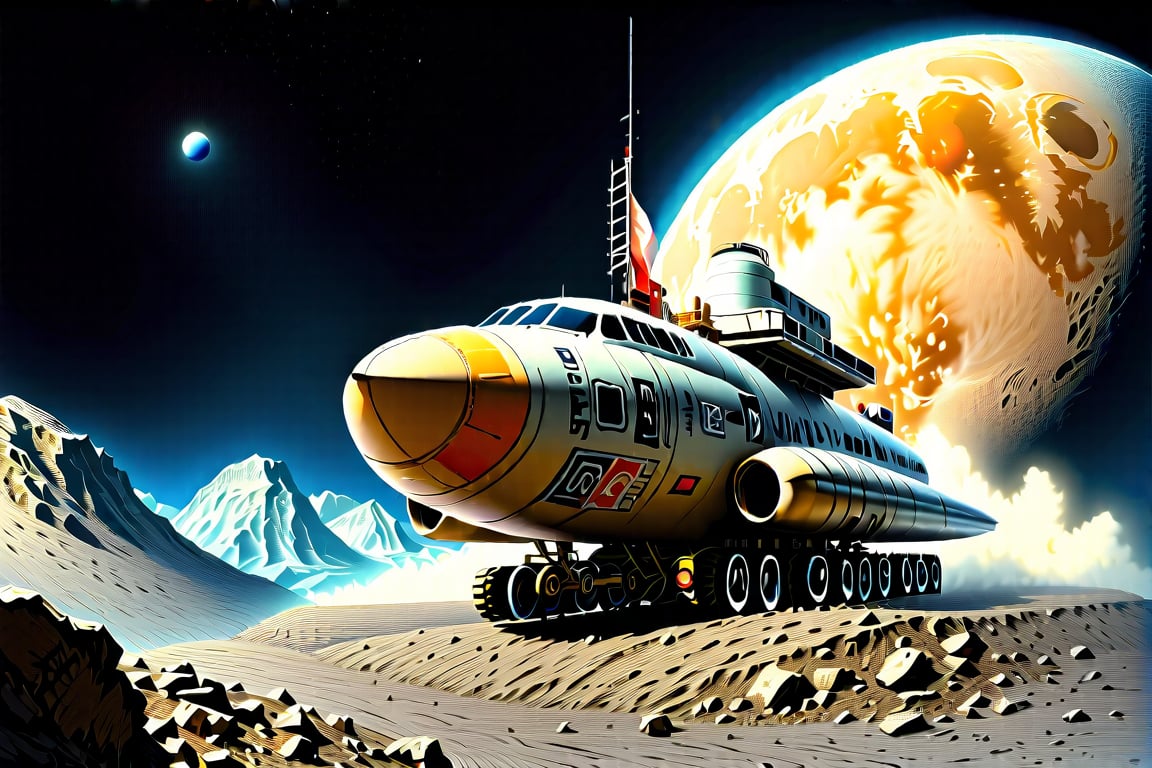 detailed full-length picture, masterpiece, best quality, ultra high resolution, visually stunning, beautiful, award-winning art (abstract art: 1.3), beautiful ))) A FULL-LENGTH OF a ,,Soviet retro-future punk. Old soviet reserch base and rocked landing on the Moon crater. Too view, Watercolor, trending on artstation, sharp focus, studio photo, intricate details, highly detailed, by greg rutkowski, more detail XL, hyper detailed, realistic, oil painting, by julie bell, frank frazetta, cinematic lighting Watercolor, trending on artstation, sharp focus, studio photo, intricate details, highly detailed, by greg rutkowski, more detail XL, hyper detailed, realistic, oil painting, by julie bell, frank frazetta, cinematic lighting