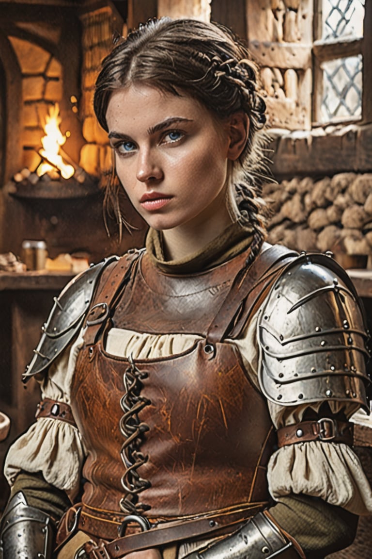 An Instagram photo,  medieval style extremely detailed of a beautiful female 23-year-old a tired medieval mercenary warrior, in dirty leather protective equipment, rests in a tavern , neat haircut .detailed colors, 32k resolution, best quality, explosion of color, no colors, (very pale skin) brunette, perfect composition, beautiful detailed complex, insanely detailed octane rendering trending on artstation, 8k art photography, photorealistic concept art, soft natural volumetric cinematic perfect light, chiaroscuro, award-winning photography, masterpiece, oil on canvas, raphael, caravaggio, greg rutkowski, beeple, beksinsky, giger , pale skin,  hard shadows, blue eyes, perfect eyes