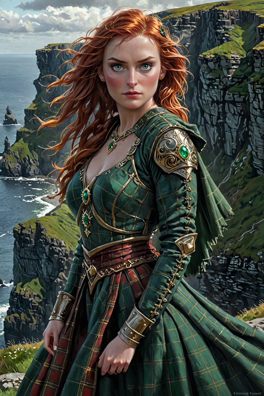 Game of thrones style A sultry female mercinaries clad in flowing, emerald-green tartan and golden brooches poses confidently at the precipice of the Cliffs of Moher, leaher old armor, blood on the face and armor wind-whipped red hair tousled by the Atlantic breeze. Freckles. Her eyes gleam like polished obsidian as she gazes out upon the rugged coastline, her extrem pale skin aglow with a subtle, mystical luminescence. 