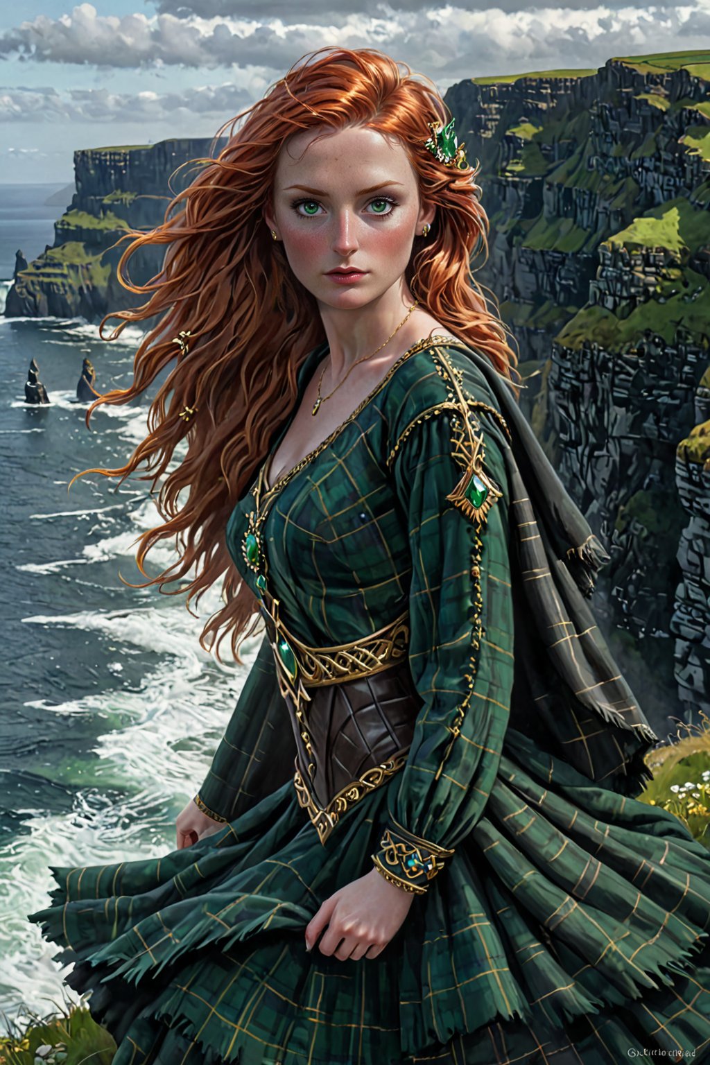 A sultry druidess clad in flowing, emerald-green tartan and golden brooches poses confidently at the precipice of the Cliffs of Moher, wind-whipped red hair tousled by the Atlantic breeze. Freckles. Her eyes gleam like polished obsidian as she gazes out upon the rugged coastline, her extrem pale skin aglow with a subtle, mystical luminescence. 