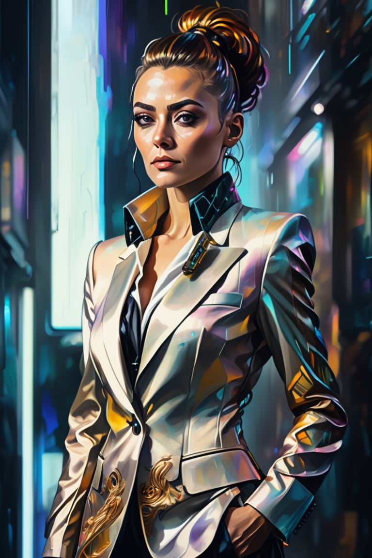A FULL-LENGTH very detalied PORTRAIT OF A noble buisness lady, T, N A cyberpunk style ultra-detailed, film photography, light leaks, Larry Bud Melman, trending on artstation, sharp focus, studio photo, intricate details, highly detailed, in style of Leonid Afremov, mintonn17, j3s1