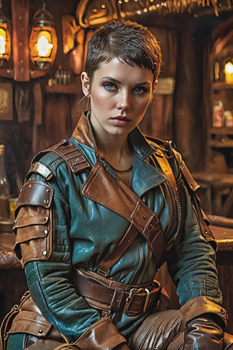 An Instagram photo,  blade runner style extremely detailed of a beautiful female 23-year-old a tired  mercenary warrior, in dirty leather protective equipment, rests in armcheir in a tavern , neat haircut .detailed colors, 32k resolution, best quality, explosion of color, no colors, (very pale skin) brunette, perfect composition, beautiful detailed complex, insanely detailed octane rendering trending on artstation, 8k art photography, photorealistic concept art, soft natural volumetric cinematic perfect light, chiaroscuro, award-winning photography, masterpiece, oil on canvas, raphael, caravaggio, greg rutkowski, beeple, beksinsky, giger , pale skin,  hard shadows, blue eyes, perfect eyes