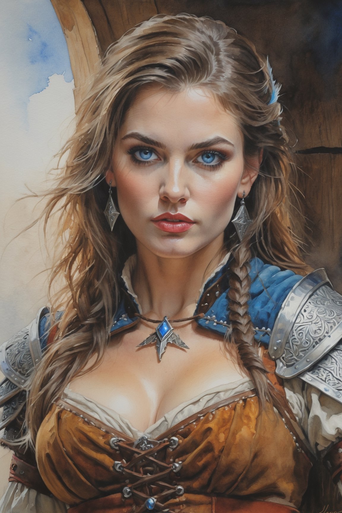 detailed full-length picture, masterpiece, best quality, ultra high resolution, visually stunning, beautiful, award-winning art (abstract art: 1.3), beautiful ))), oil painting Portret of a porn star dressed as a "Witcher RPG" tavern dancer,  highly-detailed, perfect face, blue eyes, lips, wide hips, small waist, tall, make up,  , detailed face, whole body, Watercolor, trending on artstation, sharp focus, studio photo, intricate details, highly detailed, by greg rutkowski, more detail XL, hyper detailed, realistic, oil painting, by julie bell, frank frazetta, cinematic lighting