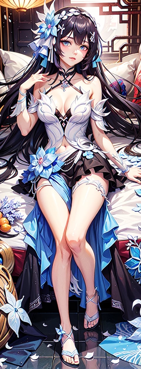 masterpiece, best quality, indoors, carneliandakimakura, 1girl, solo, looking at viewer, full body, dakimakura (medium), lying, on back, very detailed: 1.3)(, horb, luminous blue eyes, hair ,hair outside black hair  inside blue), (light smile: 1.2), sitting, from behind, rear facing, full body, dressed, highly detailed, (height: 1.1), best quality, (Masterpiece: 1.3), cinematic lighting, masterpiece, quality  best , indoors, cosmic eyes, reflection, eyelashes, carneliandakimakura,dakimakura (medium), lying down, behind, bed sheet, hair ornament, arms up, showing arms folded, Concept_carnelian_dakimakura,( Work, best quality, inside  room, fiodef, carneliandakimakura, solo, looking at the viewer, dakimakura (media), lying down, on his back, arms behind his back, full body, carneliandakimakura, horb, beauty miracle),
  TALL
  149cm,
  HEAVY
  42kg,
  HAIR COLOR
  Black
  Blue,
  EYE COLOR
  Blue,smog, gauze, vase, petals, traditional Chinese room, detailed background ,wide photo background,Hairpin, hair decoration,slender,Full chest,perfect eyes,perfect beautiful face,perfect female figure,detailed skin,  delicate patterns,intricate clothing details and rich in exquisite clothing details,delicate intricate fabrics,charming ,alluring,seductive,erotic,enchanting,hanfu,song style clothing,hanfu,Realistic,GUOFENG,MEINV,perfect hand, fingers, hand, perfect, masterpiece, best quality, official art, aesthetic, 1girl, detailed background, isometric, art nouveau, snowflakes, fractal art,asian girl,realhands,AI_Misaki ,hyelin