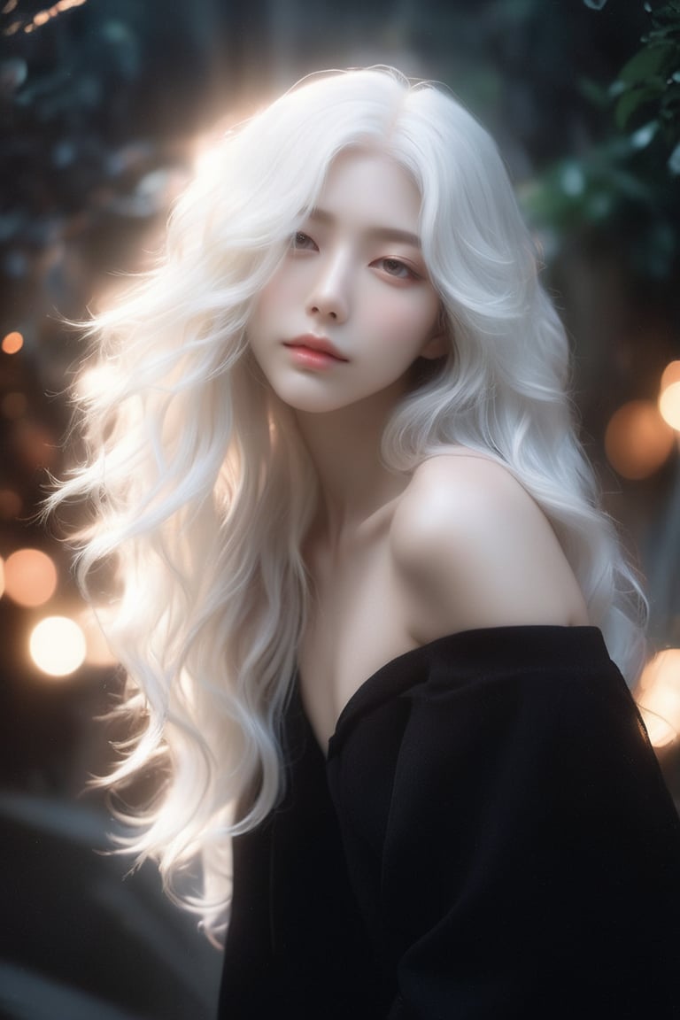 niji style, realistic, beautiful woman, lips, long wavy hair, transparent white hair, bare_shoulder , ((black clothes)),  AI_Misaki, from side, shiny_skin, mysterious lighting, mystic atmosphere, 