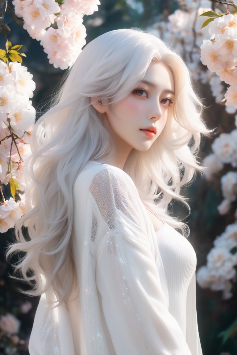 niji style, sexy, realistic, beautiful woman, long wavy hair, transparent white hair, ((black cardigan)), upper body shot, AI_Misaki, from side, shiny_skin, bird standing on shoulder, flower in background