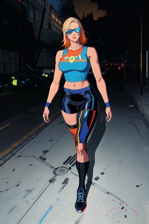 Woman in a sexy tight-fitting heroin outfit that enhances her figure with large breasts, white and red T-shirt with a symbol of justice, in the middle of the city. In landscape photography, colors predominate: yellow, blue, orange and red. Photorealism, 4K impressionism, ray tracing, neon, quality 2--chaos 50