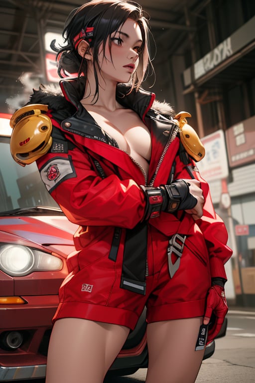 mujer sexy caminando en medio del la ciudad bestida de bombero estilo post apocaliptico  sosteniendo una espada enorme zamurai chaqueta negra pantalon gris,botas militares Japanese anime, Cyber punk style, Steam punk, Greg Rutkowski, Ultra photoreal, Photorealistic, Sharp focus, Realistic CGI, Ray tracing, Front light, Cinematic, Flash, Fairy lights, High camera, Full-Body Shot, Cinematic Still Shot, Sony alpha, Fisheye, Infrared, Golden ratio, Asymmetric, ISO200, HD 