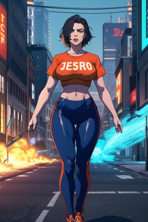 Woman in a sexy tight-fitting heroin outfit that enhances her figure with large breasts, white and red T-shirt with a symbol of justice, in the middle of the city. In landscape photography, colors predominate: yellow, blue, orange and red. Photorealism, 4K impressionism, ray tracing, neon, quality 2--chaos 50