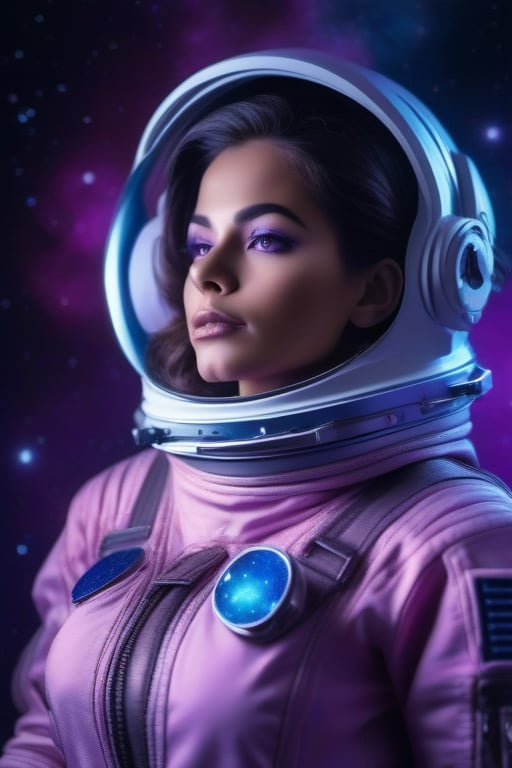 mujer astronauta sexy,traje ajustado en medio de la galaxia. En astrofotografía predominan los colores violeta, azul, cian y rosa. Fotorrealismo, 4K, trazado de rayos, neón, calidad 2