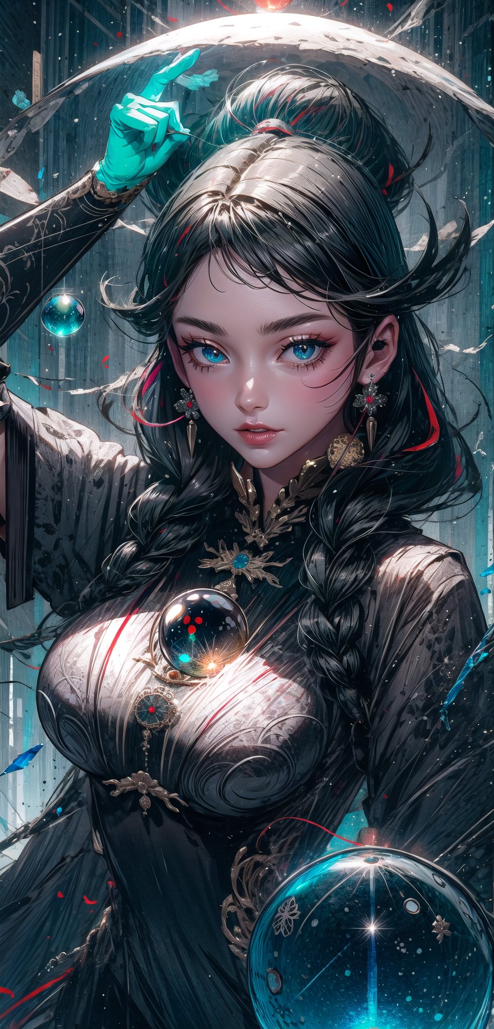 ((movie lighting)), super detailed, dramatic lighting, intricate detail, a gypsy woman, (fortune teller), full body, red eyes, holding a crystal ball, (crystal ball about head size) , (green glowing crystal ball), big breasts, cleavage, long black hair, beautiful face, very long shiny brown hair, bright red eyes, wearing a beautiful flowing black robe, holding a magic wand and crystal ball, chaotic reflection Utopian scene, perfect eyes, twinkling light, central theme, detailed face, detailed eyes, Kim Mi-jung's "chaotic scene",bayonetta_3_twintail_aiwaifu