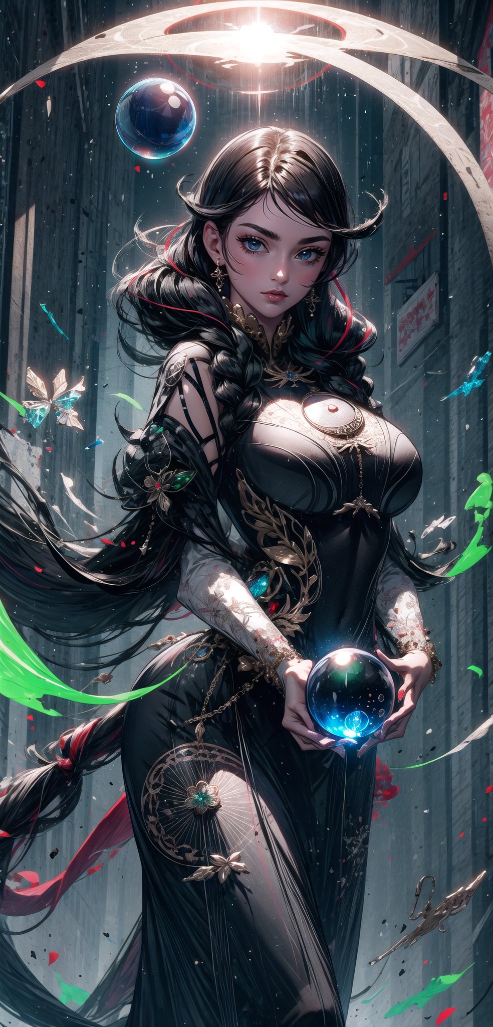 ((movie lighting)), super detailed, dramatic lighting, intricate detail, a gypsy woman, (fortune teller), full body, red eyes, holding a crystal ball, (crystal ball about head size) , (green glowing crystal ball), big breasts, cleavage, long black hair, beautiful face, very long shiny brown hair, bright red eyes, wearing a beautiful flowing black robe, holding a magic wand and crystal ball, chaotic reflection Utopian scene, perfect eyes, twinkling light, central theme, detailed face, detailed eyes, Kim Mi-jung's "chaotic scene",bayonetta_3_twintail_aiwaifu