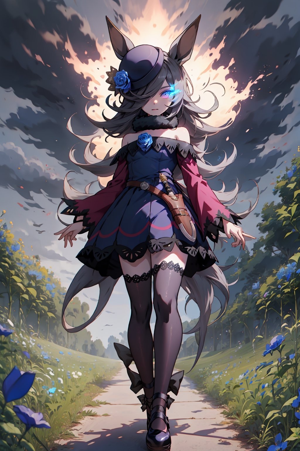 masterpiece, best quality,rice shower \(umamusume\),full body, standing, looking afar, (blue flower field:1.2), very wide shot,glowing eye, flaming eye, eye trail, blue headwear, tilted headwear, hat flower, blue rose, long sleeves, purple sleeves, sleeves past wrists, fur collar, off-shoulder dress, bare shoulders, blue dress, dress bow, sheathed dagger, lace trim, lace-trimmed legwear, brown thighhighs, shoes, black footwear,