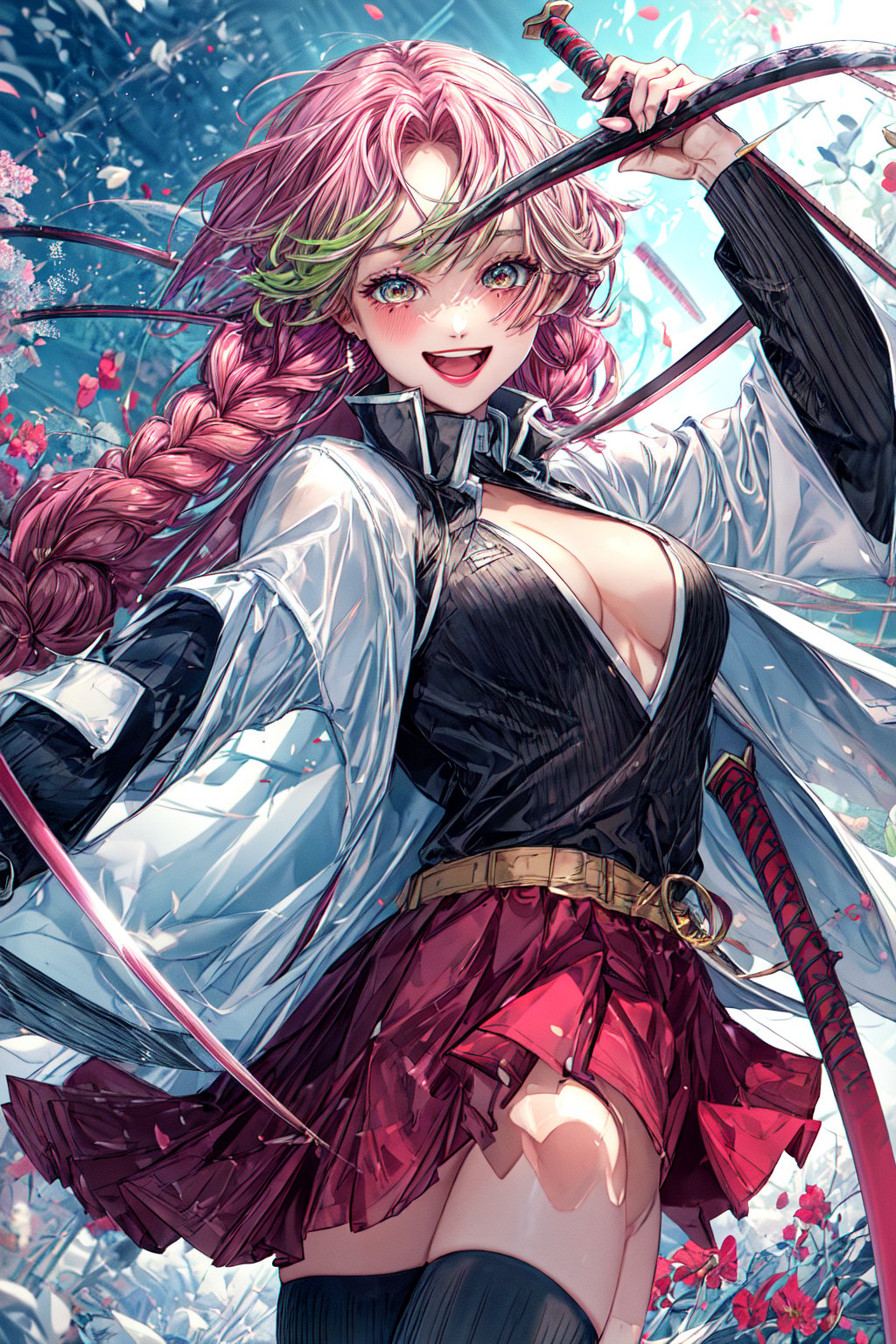 glsml, 1girl, solo, looking_at_viewer, blush, smile, open_mouth, holding, jacket, weapon, cowboy_shot, holding_weapon, holding_sword, katana, ribbed_legwear, forest,mitsuri(demon slayer)