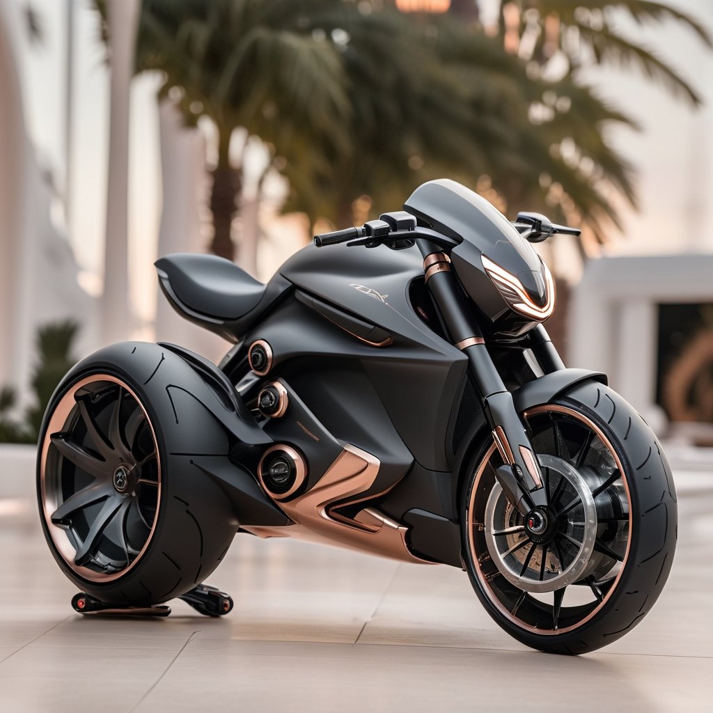 a visually stunning concept that encapsulates the cool futuristic elegance of the iOS Silicone Dynamic jentacular Batpod Motorrad's Hypersport Drag rss AerodiscHyperdrive electronic suspension, featuring a remixed matte blackrosegold and diamond wave chassis Evil-shaped led headlight And with white prints on the hubless tires automation seamlessly integrated within an ambient dwelling. The design must vividly portray the harmonious fusion of cutting-edge technology and convenience, offering an immersive representation of automated living spaces that aligns with Bellwether industry's and zaha hadids imaginative vision. Craft the design in Ultra High Definition (UHD) quality to meticulously showcase the intricate details and captivating aesthetics of the futuristic environment