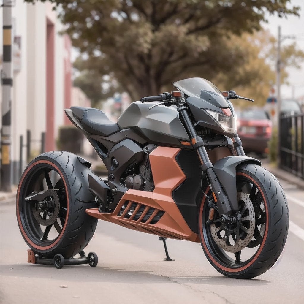 outdoors, day, blurry, tree, no humans, blurry background, ground vehicle, motor vehicle, road, hubless wheels, vehicle focus, motorcycle