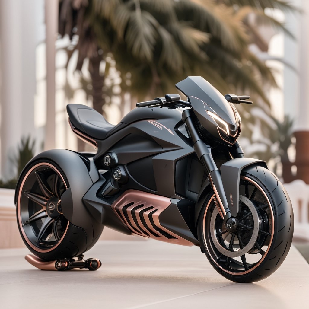 a visually stunning concept that encapsulates the cool futuristic elegance of the iOS Silicone Dynamic jentacular Batpod Motorrad's Hypersport Drag rss AerodiscHyperdrive electronic suspension, featuring a remixed matte blackrosegold and diamond wave chassis Evil-shaped led headlight And with white prints on the hubless tires automation seamlessly integrated within an ambient dwelling. The design must vividly portray the harmonious fusion of cutting-edge technology and convenience, offering an immersive representation of automated living spaces that aligns with Bellwether industry's and zaha hadids imaginative vision. Craft the design in Ultra High Definition (UHD) quality to meticulously showcase the intricate details and captivating aesthetics of the futuristic environment