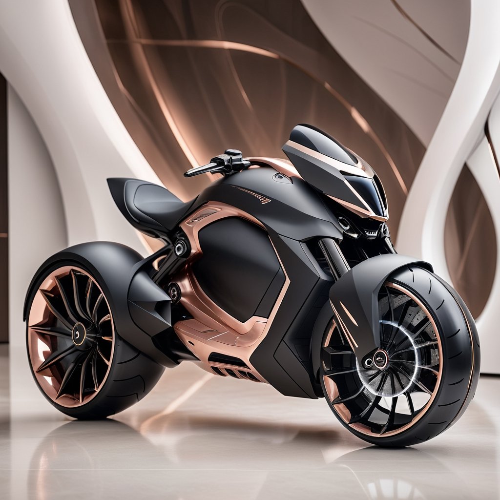 a visually stunning concept that encapsulates the cool futuristic elegance of the Silicone Dynamic  Batpod Motorrad's Hypersport Drag rss AerodiscHyperdrive electronic suspension, featuring a remixed matte blackrosegold and diamond wave chassis Evil-shaped led headlight And with white prints on the hubless tires automation seamlessly integrated within an ambient dwelling. The design must vividly portray the harmonious fusion of cutting-edge technology and convenience, offering an immersive representation of automated living spaces that aligns with Bellwether industry's and zaha hadids imaginative vision. Craft the design in Ultra High Definition (UHD) quality to meticulously showcase the intricate details and captivating aesthetics of the futuristic environment