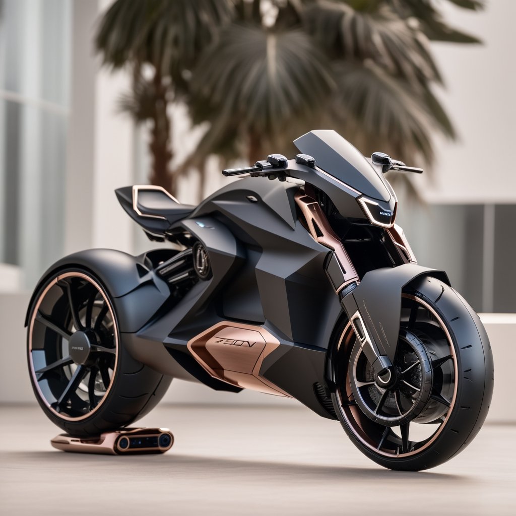 a visually stunning concept that encapsulates the cool futuristic elegance of the Silicone Dynamic Batpod Motorrad's Hypersport Drag rss Hyperdrive electronic suspension, featuring a remixed matte blackrosegold and diamond wave chassis Evil-shaped led headlight And with white prints on the hubless tires automation seamlessly integrated within an ambient dwelling. The design must vividly portray the harmonious fusion of cutting-edge technology and convenience, offering an immersive representation of automated living spaces that aligns with Bellwether industry's and zaha hadids imaginative vision. Craft the design in Ultra High Definition (UHD) quality to meticulously showcase the intricate details and captivating aesthetics of the futuristic environment,photo r3al