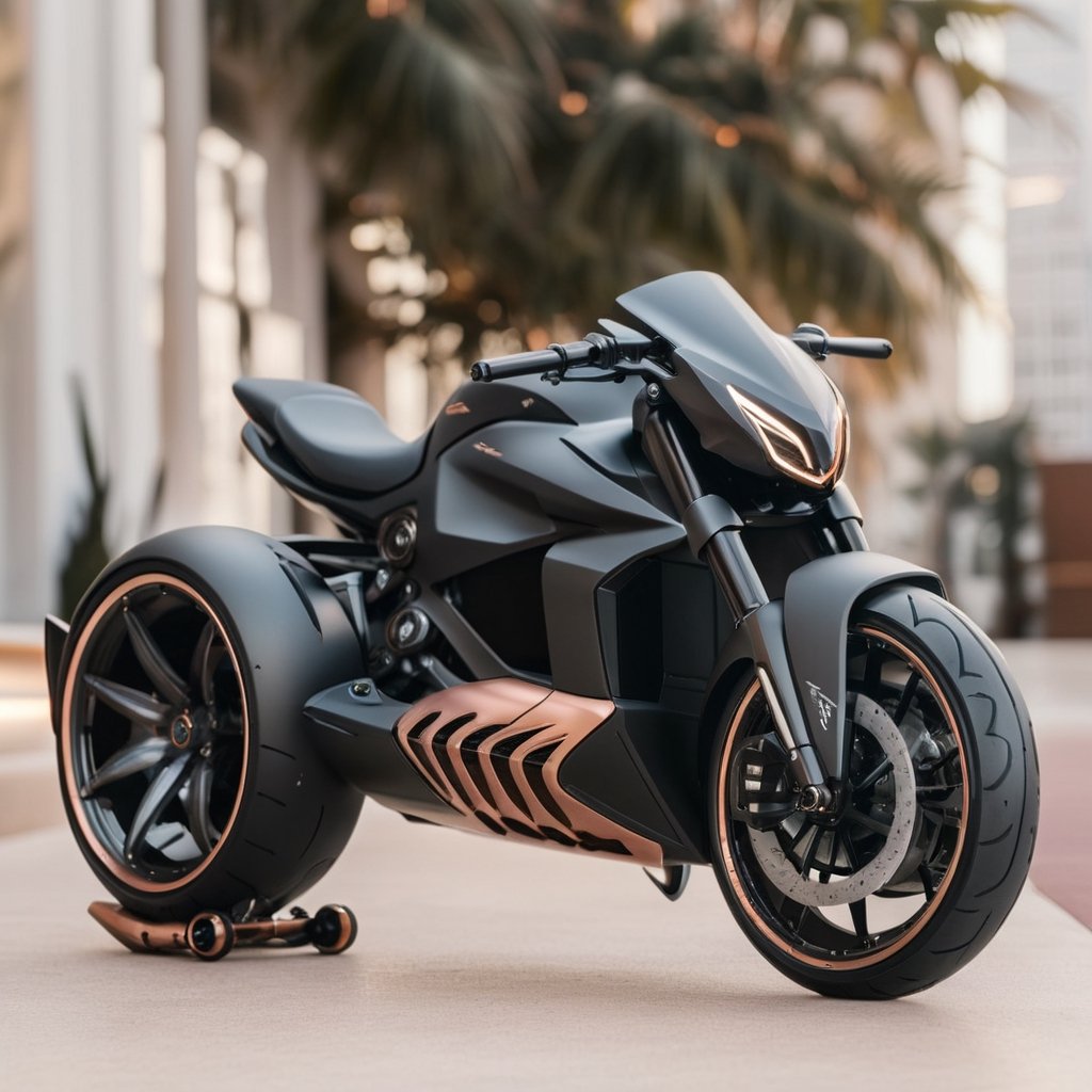 a visually stunning concept that encapsulates the cool futuristic elegance of the iOS Silicone Dynamic jentacular Batpod Motorrad's Hypersport Drag rss AerodiscHyperdrive electronic suspension, featuring a remixed matte blackrosegold and diamond wave chassis Evil-shaped led headlight And with white prints on the hubless tires automation seamlessly integrated within an ambient dwelling. The design must vividly portray the harmonious fusion of cutting-edge technology and convenience, offering an immersive representation of automated living spaces that aligns with Bellwether industry's and zaha hadids imaginative vision. Craft the design in Ultra High Definition (UHD) quality to meticulously showcase the intricate details and captivating aesthetics of the futuristic environment