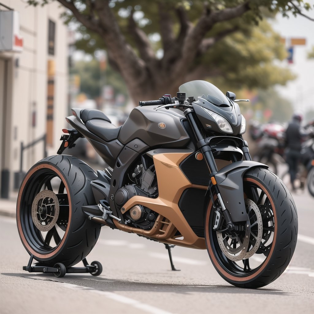 outdoors, day, blurry, tree, no humans, blurry background, ground vehicle, motor vehicle, road, hubless wheels, vehicle focus, motorcycle