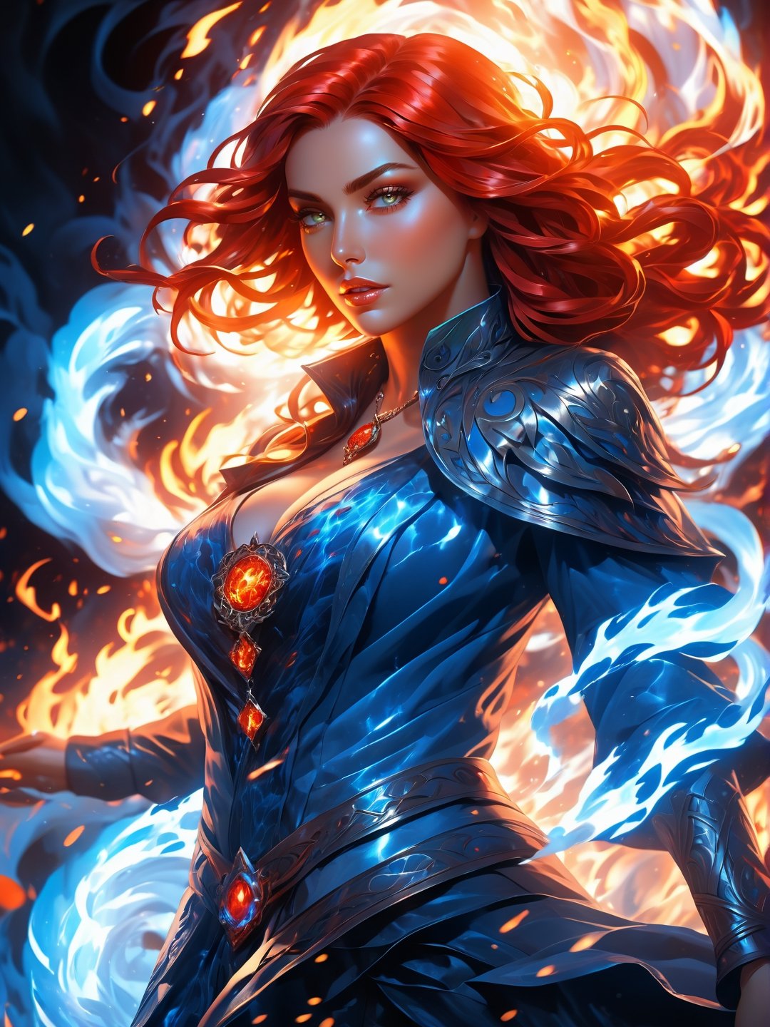 (Confident smart flame woman, flaming veins), red and blue tones, (masterpiece, best quality, ultra-detailed, best shadow), (detailed background,dark fantasy), (beautiful detailed face), high contrast, (best illumination, an extremely delicate and beautiful), ((cinematic light)), colorful, hyper detail, dramatic light, intricate details, (1woman, red hair, sharp face, amber eyes, hair between eyes,dynamic angle), shed long hair, artisan, promotionally, blood splatter, swirling black light around the character, depth of field, light particles,(broken glass),magic circle, (full body), Spirit Wolf Pendant,EpicSky,cloud, (lora:Detail_Tweaker:1.2)