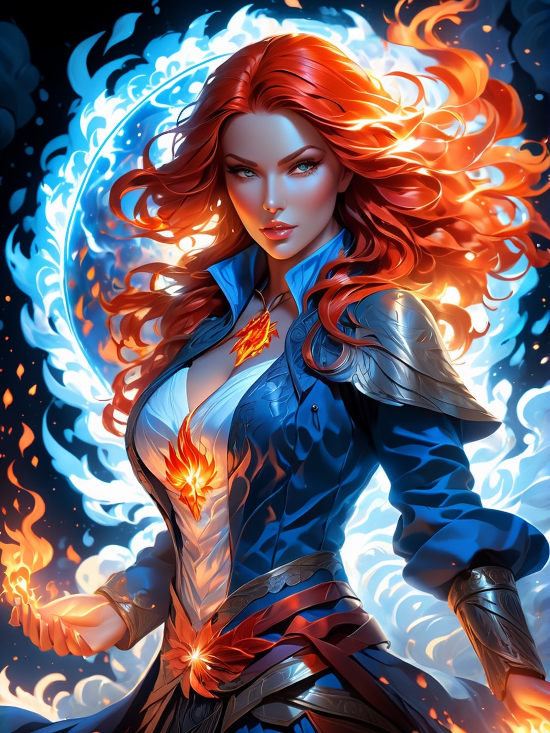 (Confident smart flame woman, flaming veins), red and blue tones, (masterpiece, best quality, ultra-detailed, best shadow), (detailed background,dark fantasy), (beautiful detailed face), high contrast, (best illumination, an extremely delicate and beautiful), ((cinematic light)), colorful, hyper detail, dramatic light, intricate details, (1woman, red hair, sharp face, amber eyes, hair between eyes,dynamic angle), shed long hair, artisan, promotionally, blood splatter, swirling black light around the character, depth of field, light particles,(broken glass),magic circle, (full body), Spirit Wolf Pendant,EpicSky,cloud, (lora:Detail_Tweaker:1.2)