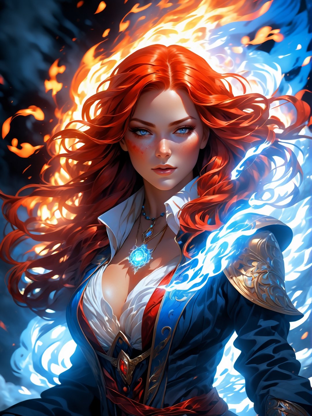 (Confident smart flame woman, flaming veins), red and blue tones, (masterpiece, best quality, ultra-detailed, best shadow), (detailed background,dark fantasy), (beautiful detailed face), high contrast, (best illumination, an extremely delicate and beautiful), ((cinematic light)), colorful, hyper detail, dramatic light, intricate details, (1woman, red hair, sharp face, amber eyes, hair between eyes,dynamic angle), shed long hair, artisan, promotionally, blood splatter, swirling black light around the character, depth of field, light particles,(broken glass),magic circle, (full body), Spirit Wolf Pendant,EpicSky,cloud, (lora:Detail_Tweaker:1.2)