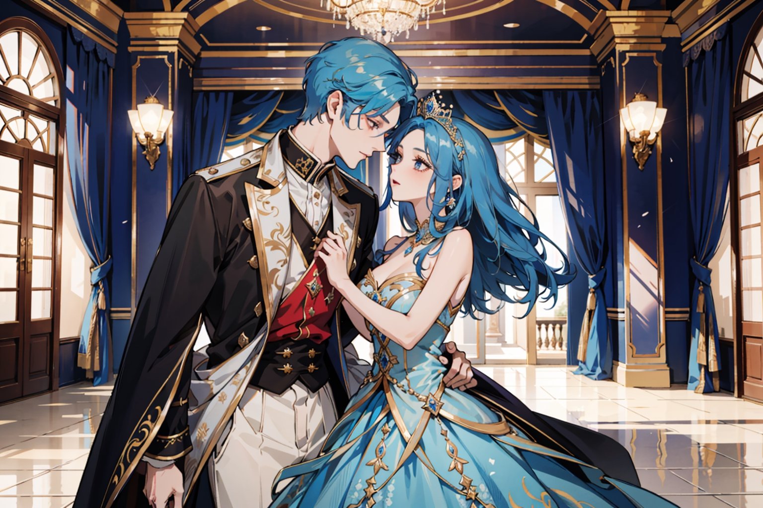 Blue-haired, beautiful royalty, tall man, in love with poor girl, village upbringing. Grand ballroom, elegant dress, heartfelt connection, transcending love. Societal divisions, genuine charm, kind heart, enchanting dance.