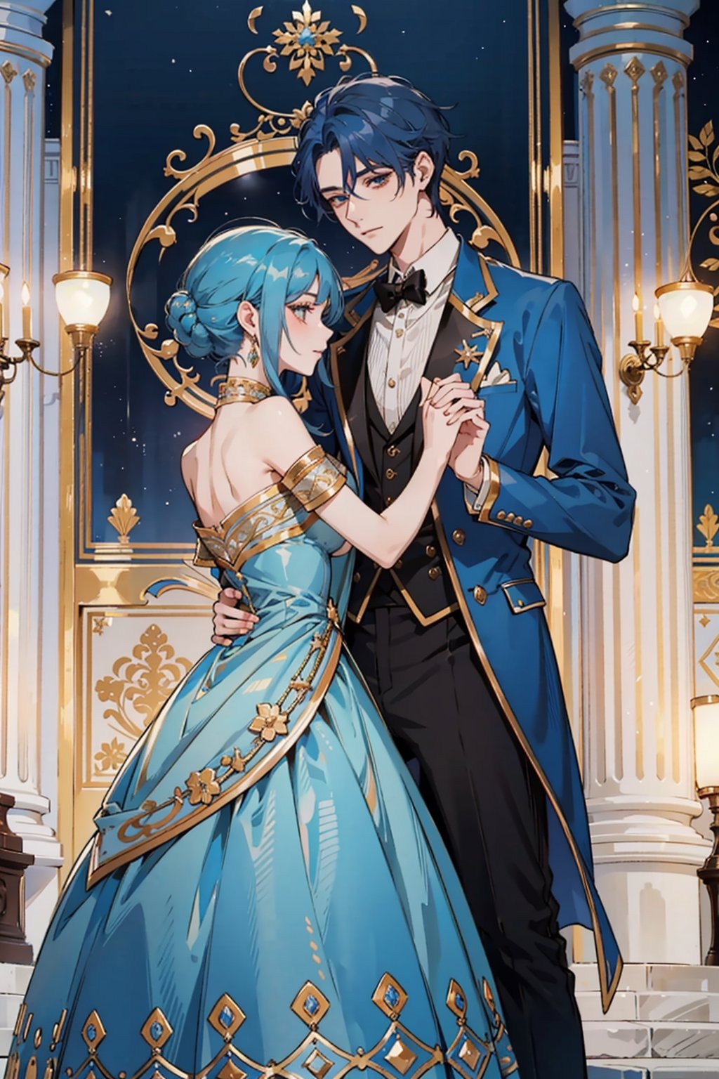 Blue-haired, beautiful royalty, tall man, in love with poor girl, village upbringing. Grand ballroom, elegant dress, heartfelt connection, transcending love. Societal divisions, genuine charm, kind heart, enchanting dance.