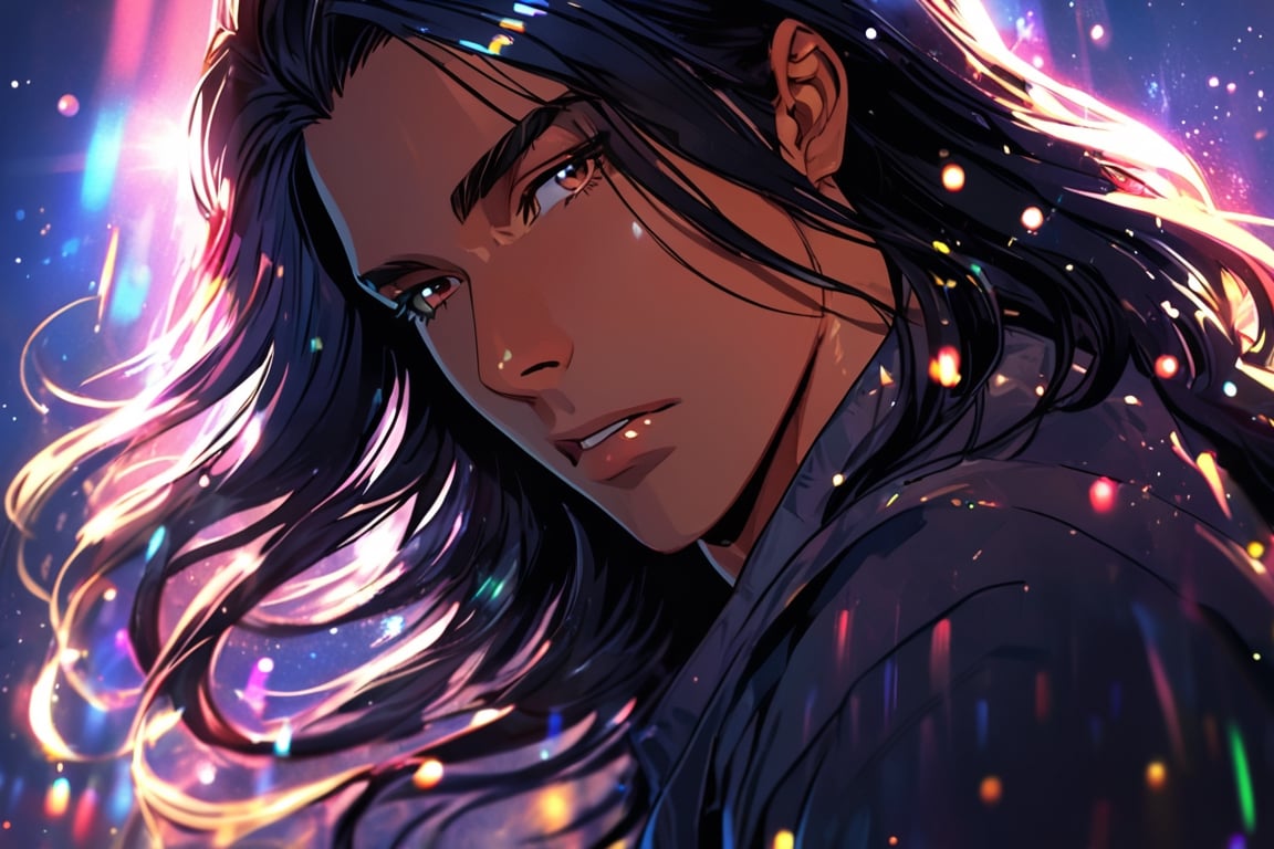 handsome muscular man, long hair, hair over eyes, detailed hair, hair light, shiny hair, black hair, tan skin, dark background, ray light, light from behind, view from  bottom, gorgeous, detailed, amazing colours, grain, blur