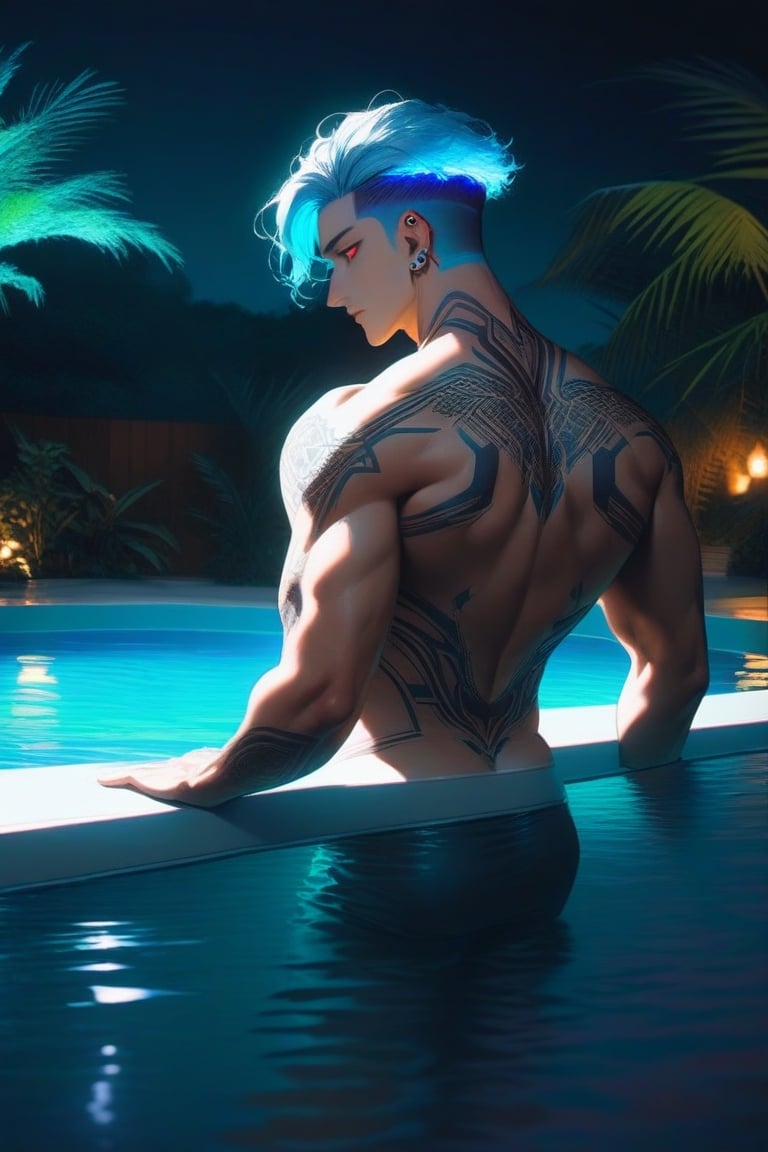 solo, male, view from back, bathing in a exotic swimming pool, summer, bright colours, blue hair, undercut, detailed, wide shoulders, thin waist, strong, at night, luminescent water, red eyes, long light blue hair, tattoos, piercing, hot, mesmerizing, muscular, adult man, 2 men, friends, standing next to each other