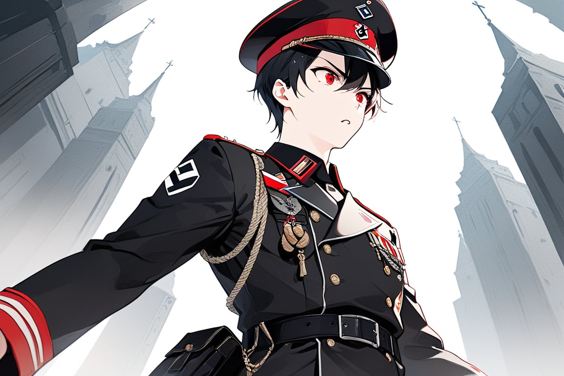 score_9,score_8_up,score_7_up,score_6_up, masterpiece, best quality, 8k, 8k UHD, ultra-high resolution, ultra-high definition, highres, man, wearing black military uniform with black and silver details, belt details, with a military hat, nazi inspired uniform, red details, view from the side, view from the 3/4 of below, view from below, displeased expression, red eyes, pale skin, short black hair, male, male focus