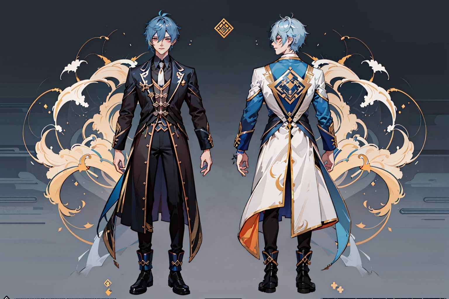 handsome vintage doctor with light ashy blue hair, scars on his face and body, facing front, symmetrical dark black clothes, blue and gold details, dangerous looking, fullbody, full-body_portrait, concept art, white background, different hair variations, reference sheet, zhongli_(genshin_impact)