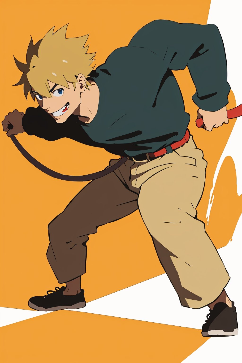 simple anime style, man holding a leash, tugging on it, smiling, dynamic pose