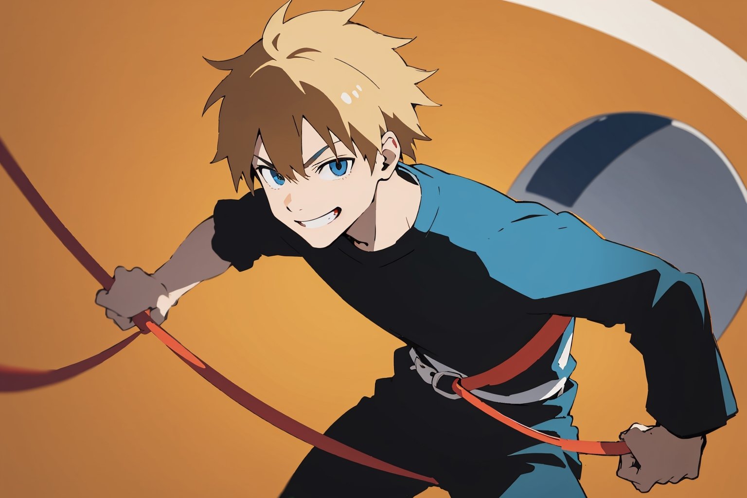 simple anime style, man holding a leash, tugging on it, smiling, dynamic pose