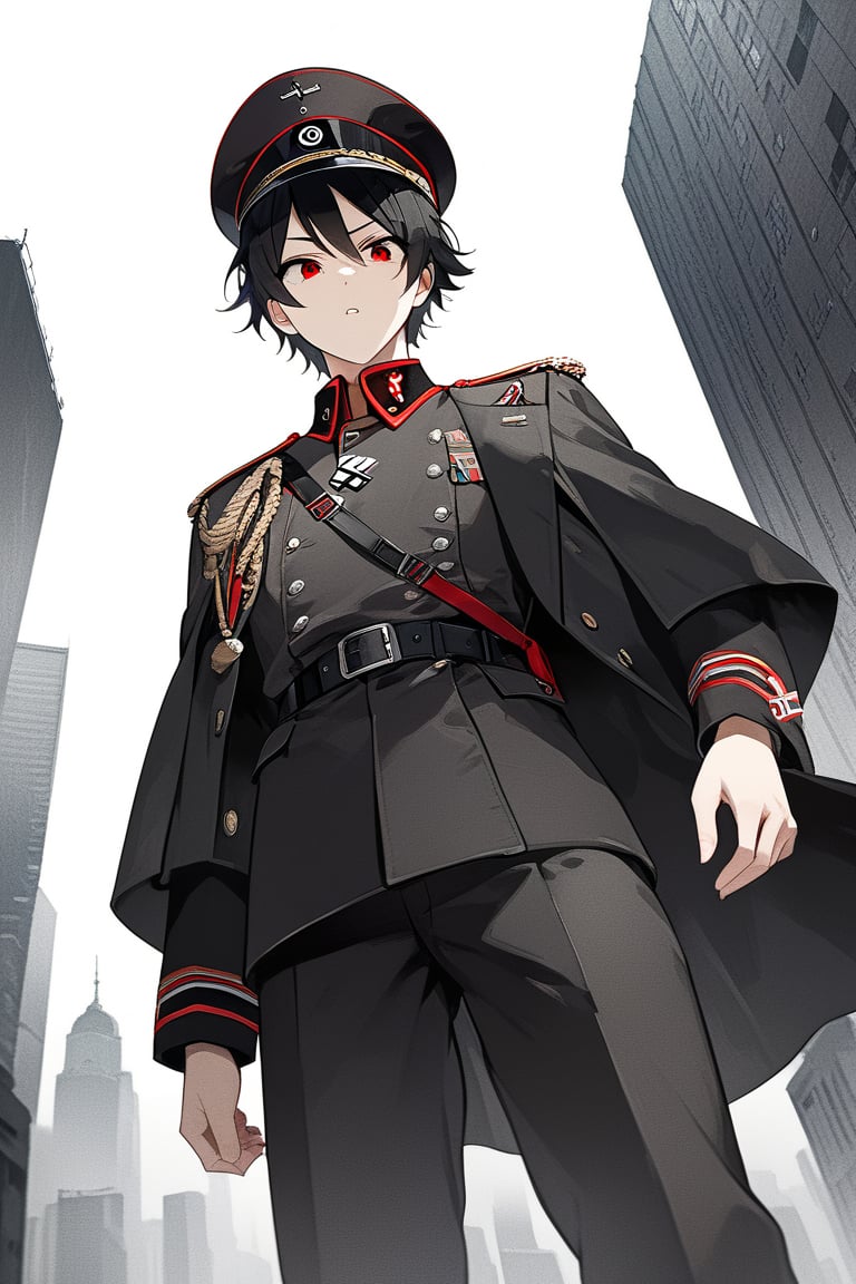 score_9,score_8_up,score_7_up,score_6_up, masterpiece, best quality, 8k, 8k UHD, ultra-high resolution, ultra-high definition, highres, man, wearing black military uniform with black and silver details, belt details, with a military hat, nazi inspired uniform, red details, view from the side, view from the 3/4 of below, view from below, displeased expression, red eyes, pale skin, short black hair, male, male focus, looking down at the viewer, city background, dark, gloomy setting, moody