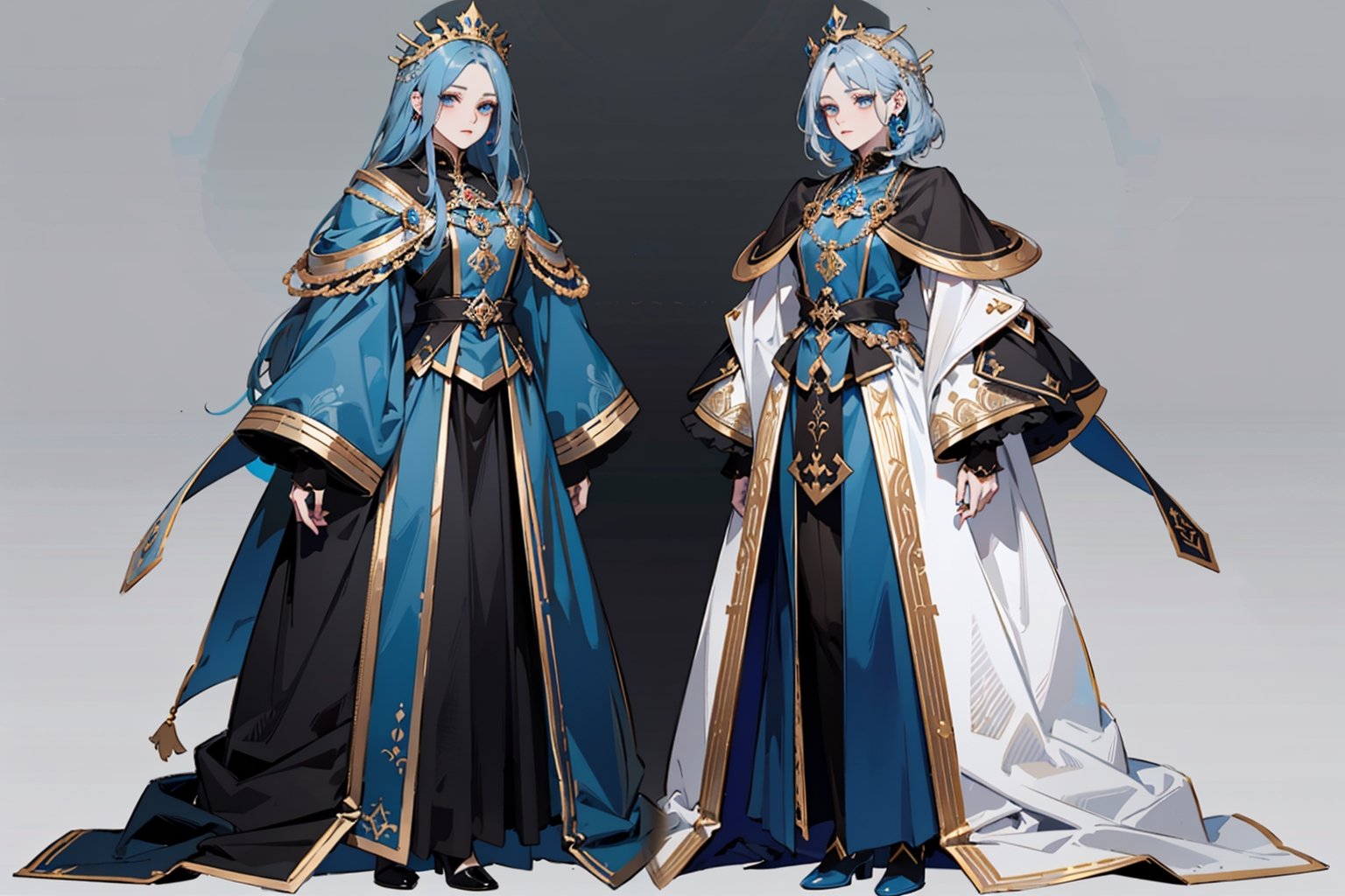 beautiful royalty with light ashy blue hair, facing front, symmetrical dark black clothes, blue and gold details, dangerous looking, fullbody, full-body_portrait, concept art, white background, different hair variations