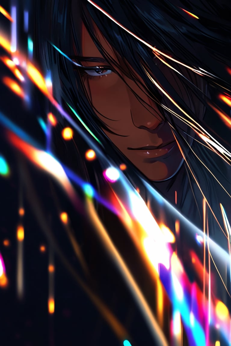 handsome muscular man, long hair, hair over eyes, detailed hair, hair light, shiny hair, black hair, tan skin, dark background, ray light, light from behind, view from  bottom, gorgeous, detailed, amazing colours, grain, blur