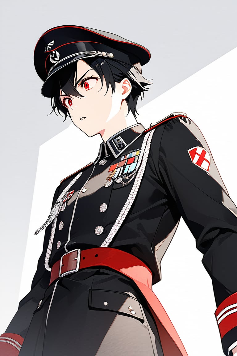 score_9,score_8_up,score_7_up,score_6_up, masterpiece, best quality, 8k, 8k UHD, ultra-high resolution, ultra-high definition, highres, man, wearing black military uniform with black and silver details, belt details, with a military hat, nazi inspired uniform, red details, view from the side, view from the 3/4 of below, view from below, displeased expression, red eyes, pale skin, short black hair, male, male focus