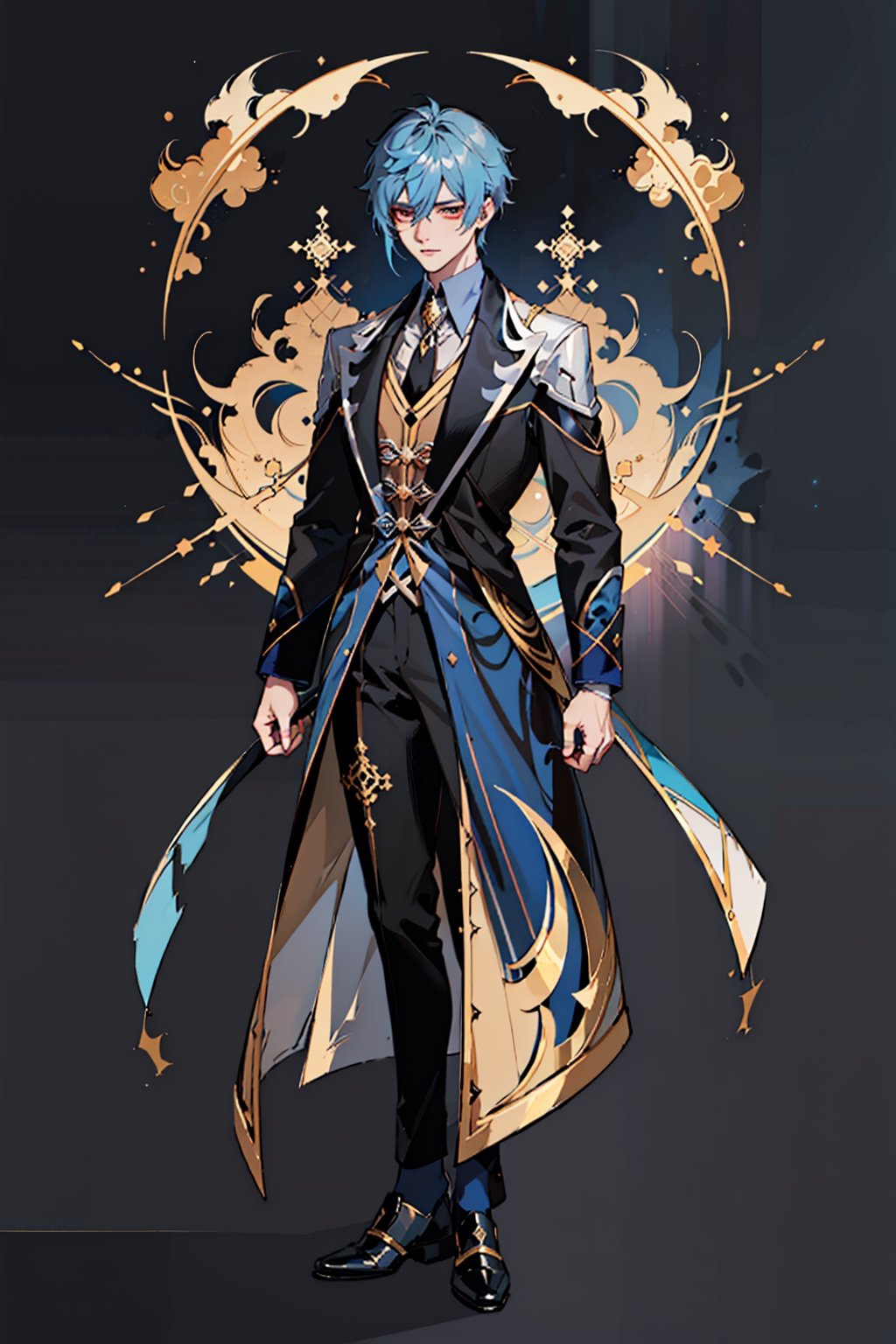 handsome vintage doctor with light ashy blue hair, scars on his face and body, facing front, symmetrical dark black clothes, blue and gold details, dangerous looking, fullbody, full-body_portrait, concept art, white background, different hair variations, reference sheet, zhongli_(genshin_impact)