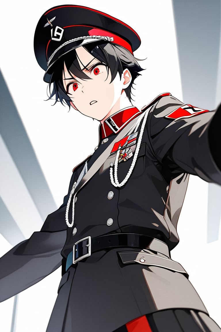 score_9,score_8_up,score_7_up,score_6_up, masterpiece, best quality, 8k, 8k UHD, ultra-high resolution, ultra-high definition, highres, man, wearing black military uniform with black and silver details, belt details, with a military hat, nazi inspired uniform, red details, view from the side, view from the 3/4 of below, view from below, displeased expression, red eyes, pale skin, short black hair, male, male focus