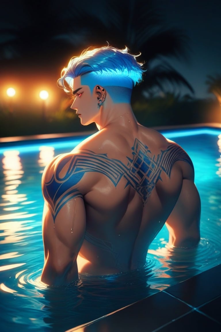 solo, male, view from back, bathing in a exotic swimming pool, summer, bright colours, blue hair, undercut, detailed, wide shoulders, thin waist, strong, at night, luminescent water, red eyes, long light blue hair, tattoos, piercing, hot, mesmerizing, muscular, adult man 