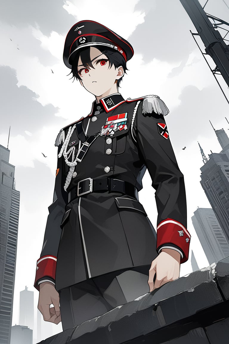 score_9,score_8_up,score_7_up,score_6_up, masterpiece, best quality, 8k, 8k UHD, ultra-high resolution, ultra-high definition, highres, man, wearing black military uniform with black and silver details, belt details, with a military hat, nazi inspired uniform, red details, view from the side, view from the 3/4 of below, view from below, displeased expression, red eyes, pale skin, short black hair, male, male focus, looking down at the viewer, city background, dark, gloomy setting, moody