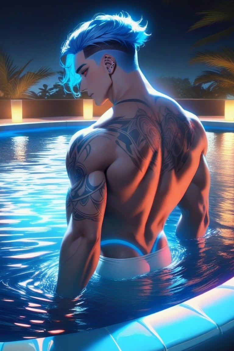 solo, male, view from back, bathing in a exotic swimming pool, summer, bright colours, blue hair, undercut, detailed, wide shoulders, thin waist, strong, at night, luminescent water, red eyes, long light blue hair, tattoos, piercing, hot, mesmerizing, muscular, adult man, 2 men, friends, standing next to each other